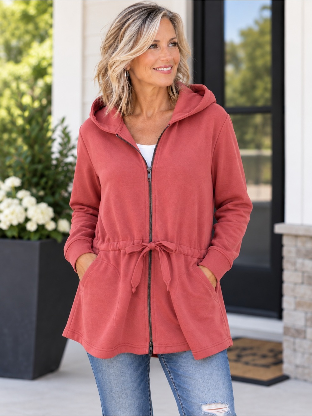 Pendleton Coral Full Zip Hoodie Drawstring Waist Cinch Street Style Athleisure